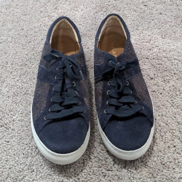 Trask Lindsey Leather Suede Sneakers Navy Blue with Rose Gold Metallic shimmer 8 - Picture 2 of 8